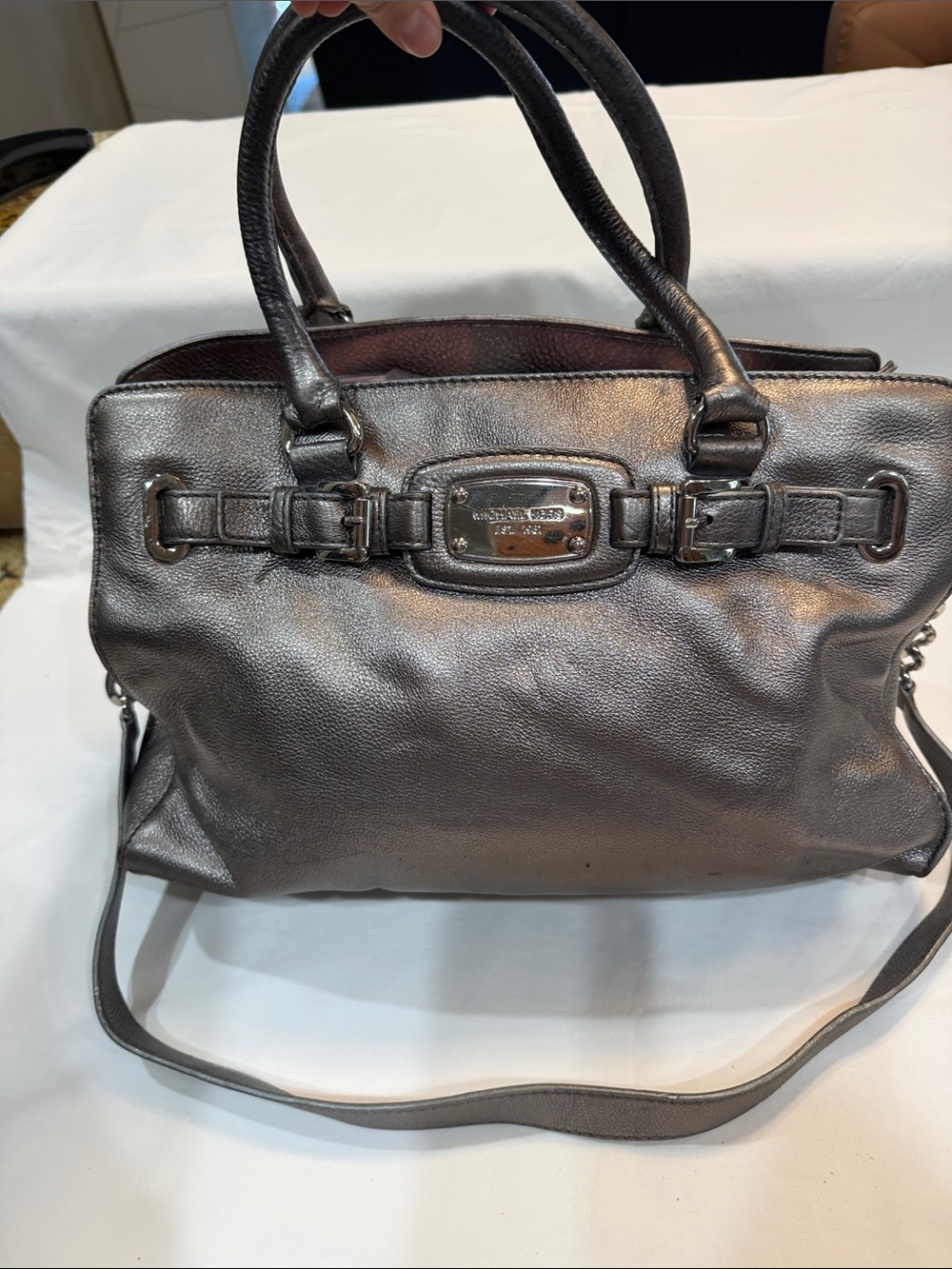 Michael Kors Metallic Pewter Leather Satchel with Top Handles